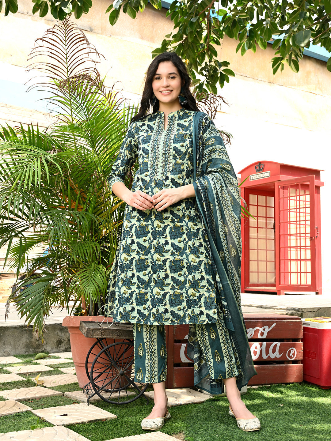 Green Ajrak Cotton Straight Kurta Pant Dupatta Set