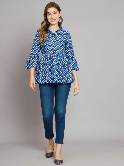 Breezy Chevron Indigo cotton shirt collar Gather Top - Decked Up