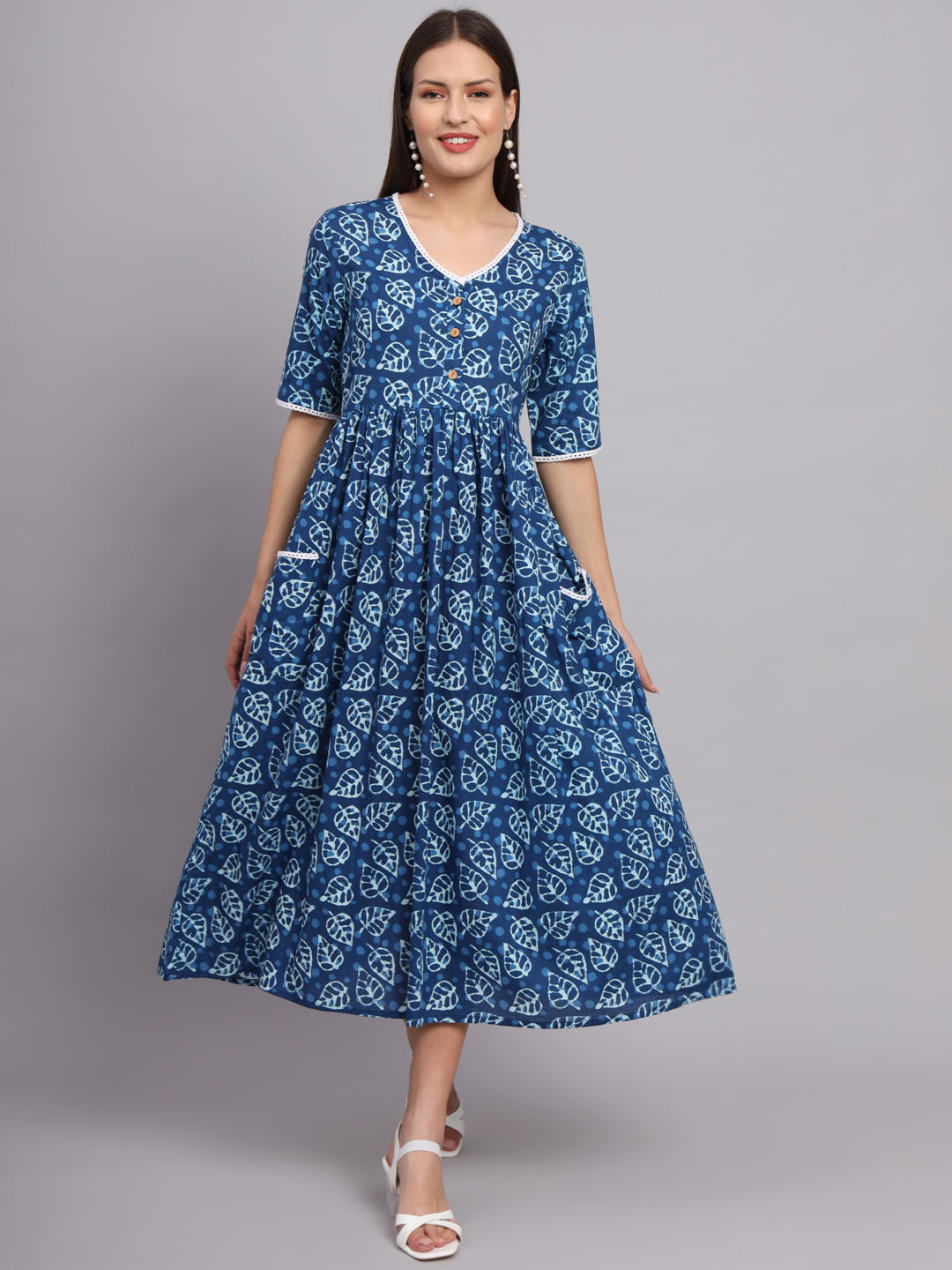 Blue Floral Gather Pocket Dress