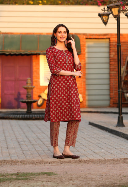 Rust Red Block Kurta Pant Set