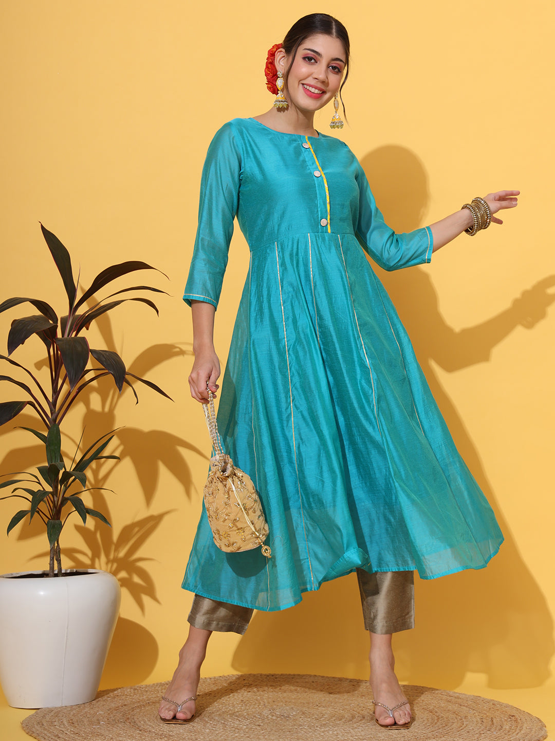 Turquoise Anarkali Kurta Pant Set