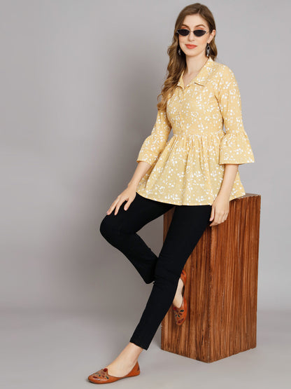 Cream Print Collared Button Top