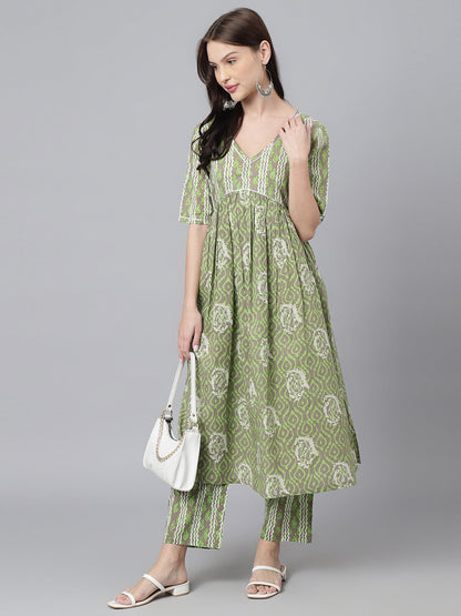 Green White Printed High Slit Kurta