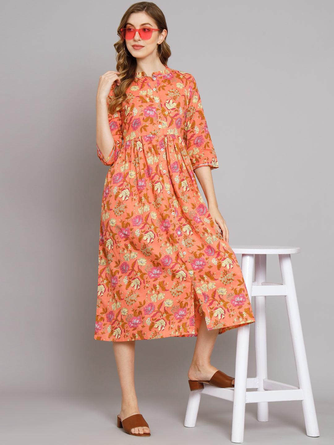 Peach Floral Cotton Flared Dress - Decked Up