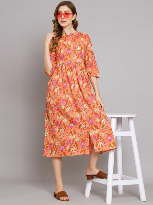 Peach Floral Cotton Flared Dress - Decked Up