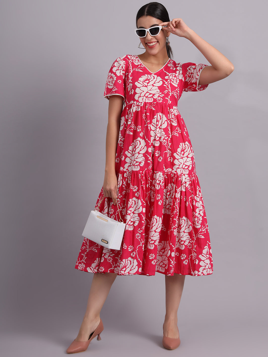 Floral Printed Cotton Empire Midi Dress