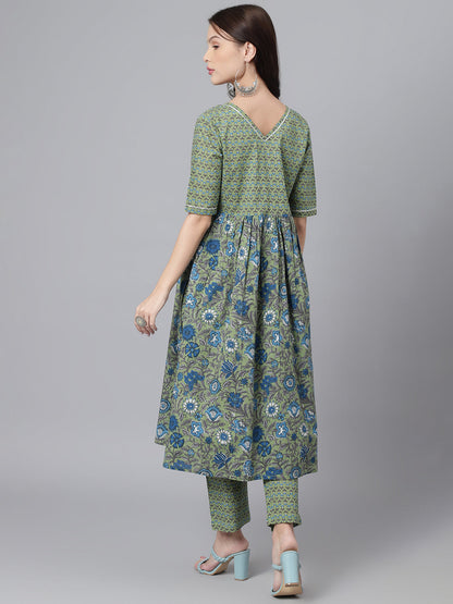 Green Blue Floral Aline Kurta Pant Set