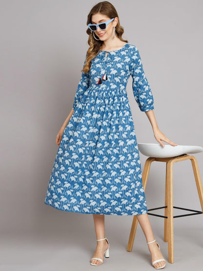 Blue Parrot Cotton Pocket Dress