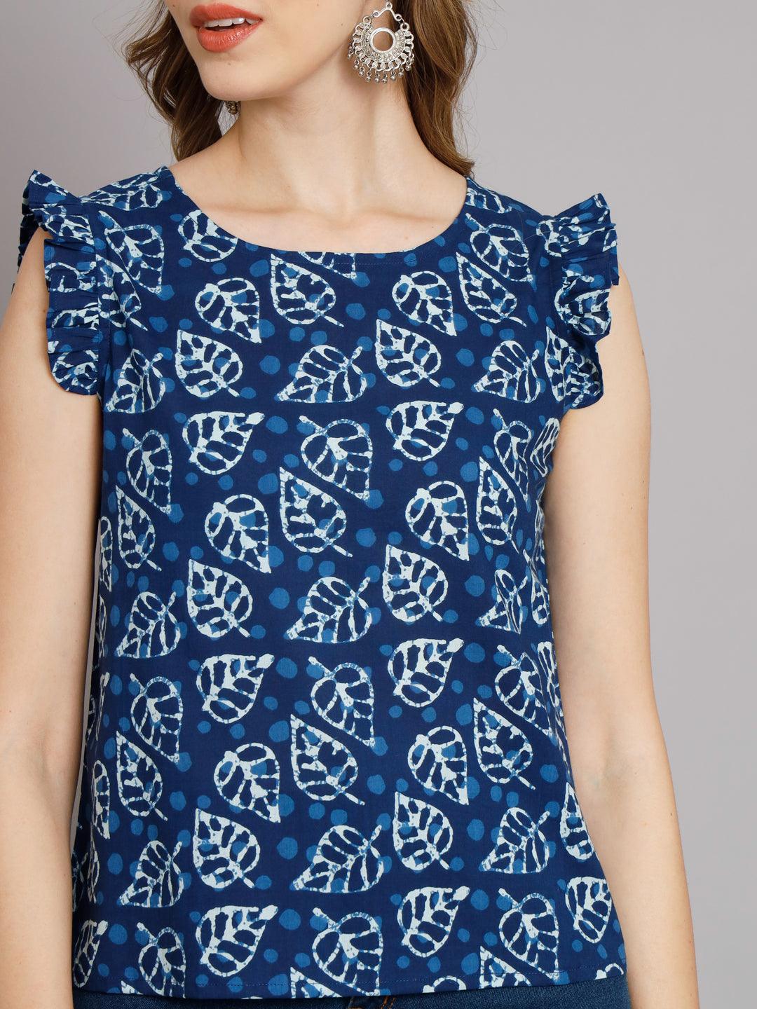 Sassy Indigo Leaf Ruffled top - Decked Up