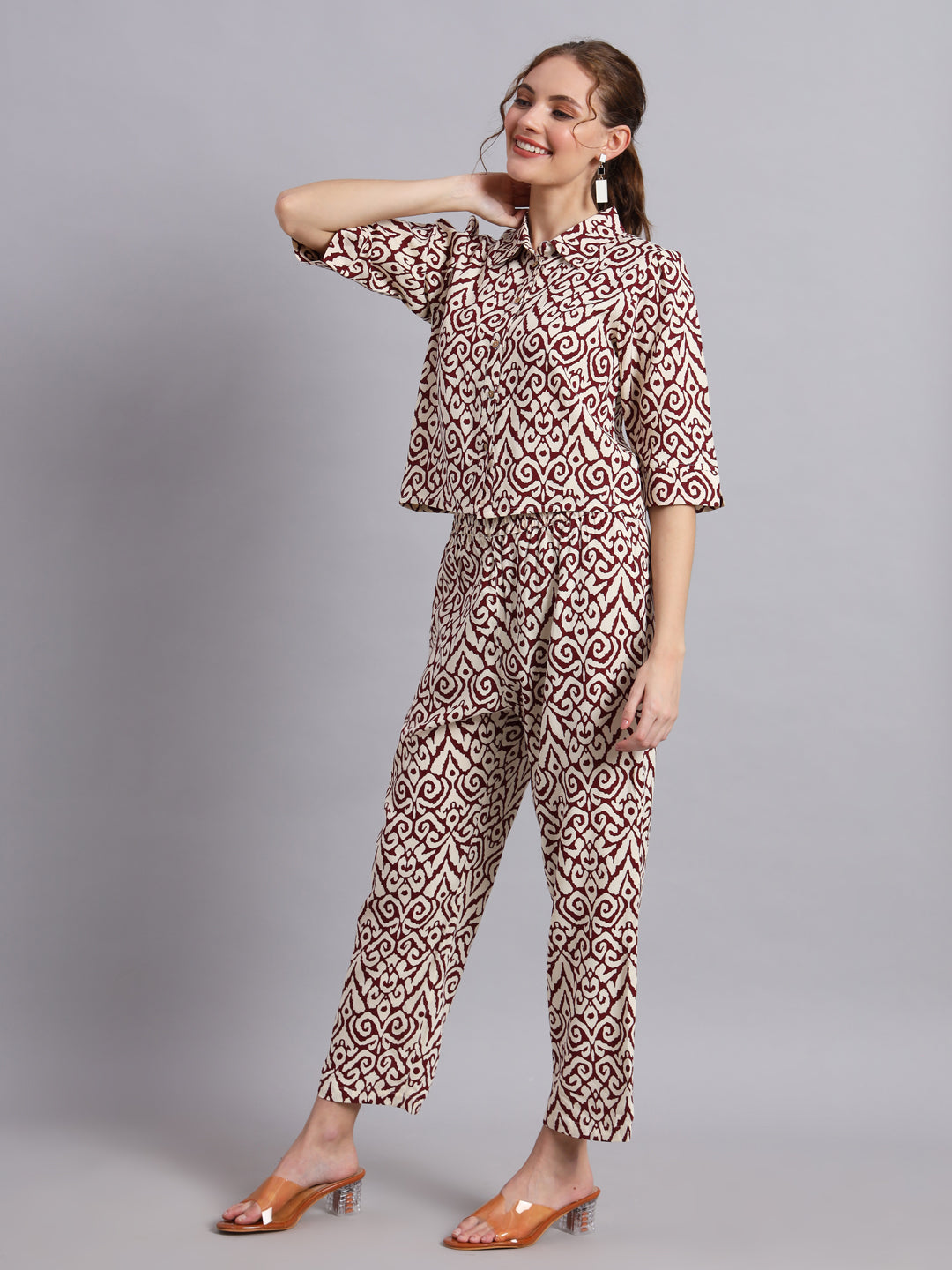 Ikkat Bold  Rayon Printed Shirt Style Top with Trouser