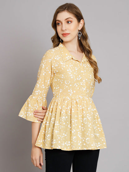 Cream Print Collared Button Top