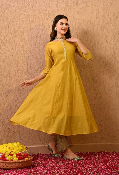 Yellow Chanderi Kurta Pant Set