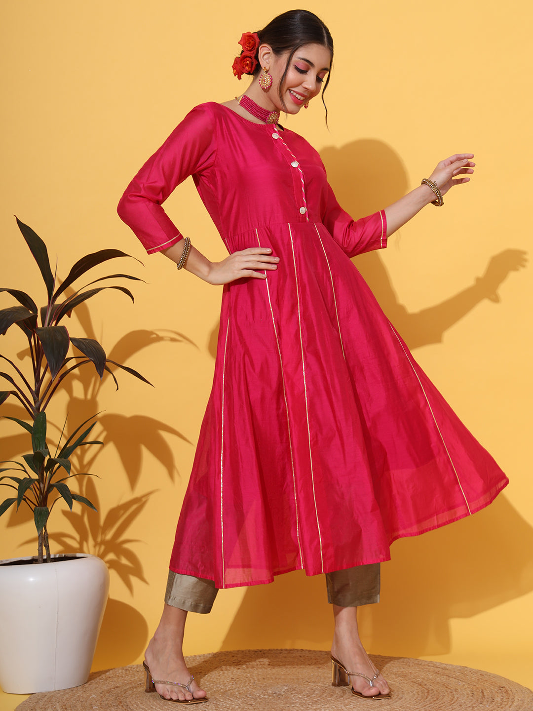 Magenta Anarkali Gotta Kurta Pant Set