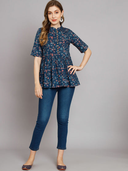 Blue Floral Print Collared Top