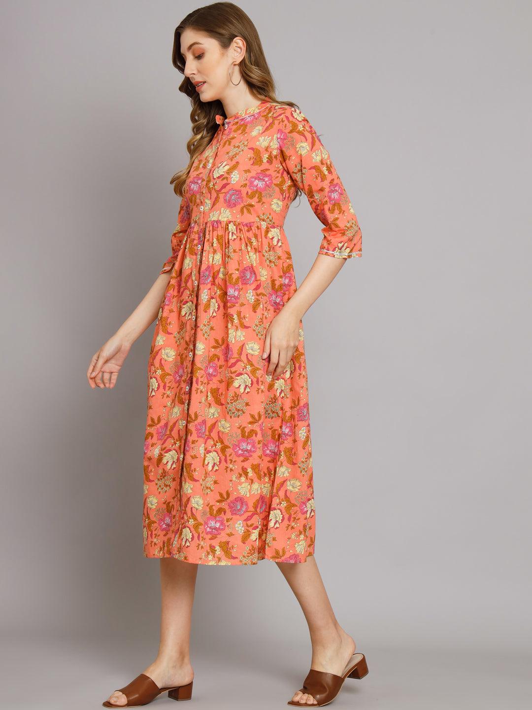 Peach Floral Cotton Flared Dress - Decked Up