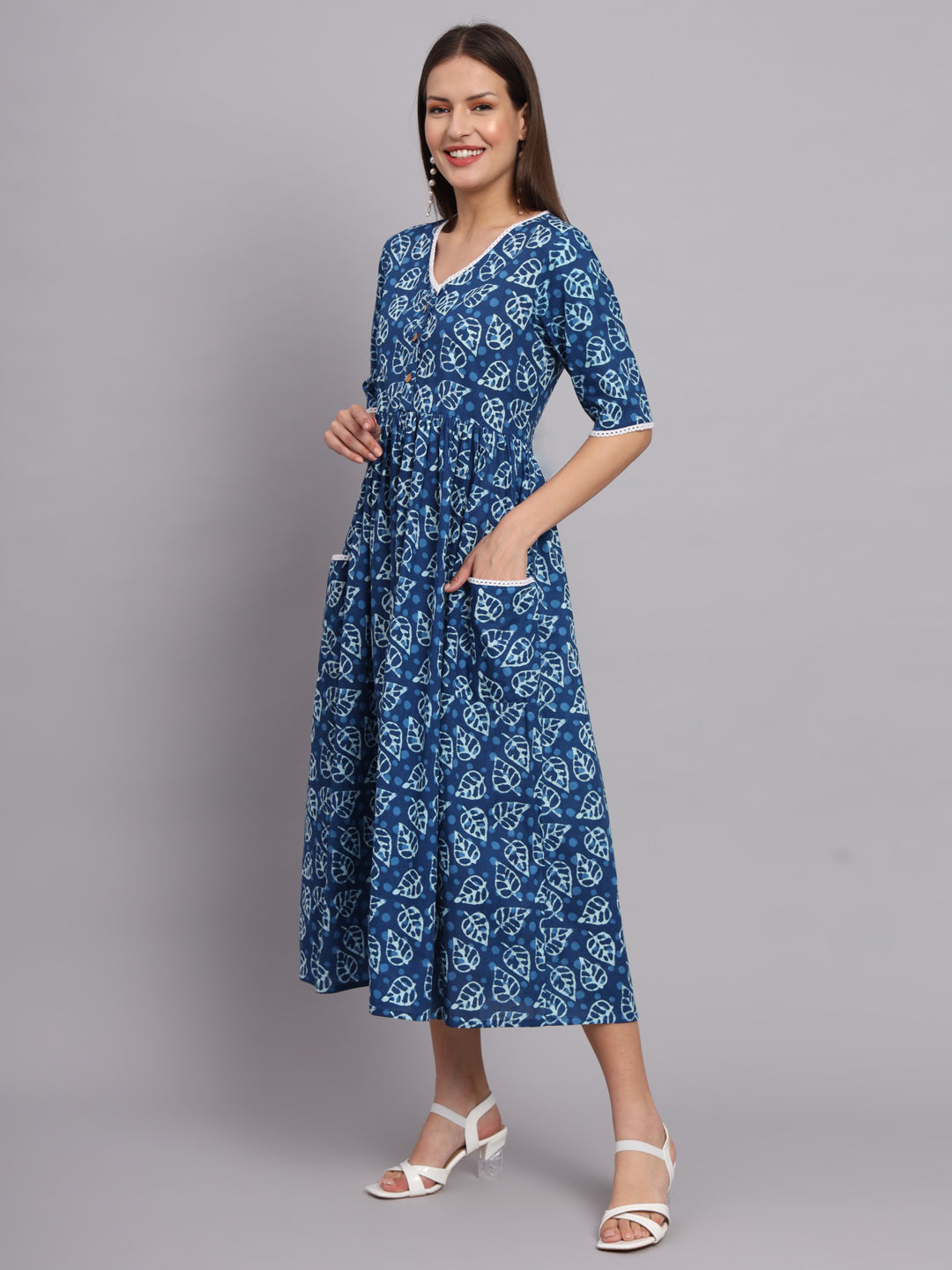 Blue Floral Gather Pocket Dress