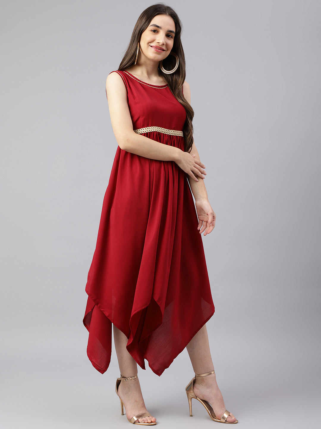 Maroon Ethnic Asymmetric Dress With Belt