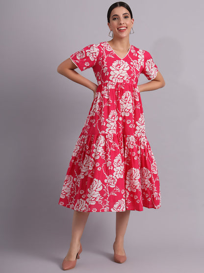 Floral Printed Cotton Empire Midi Dress