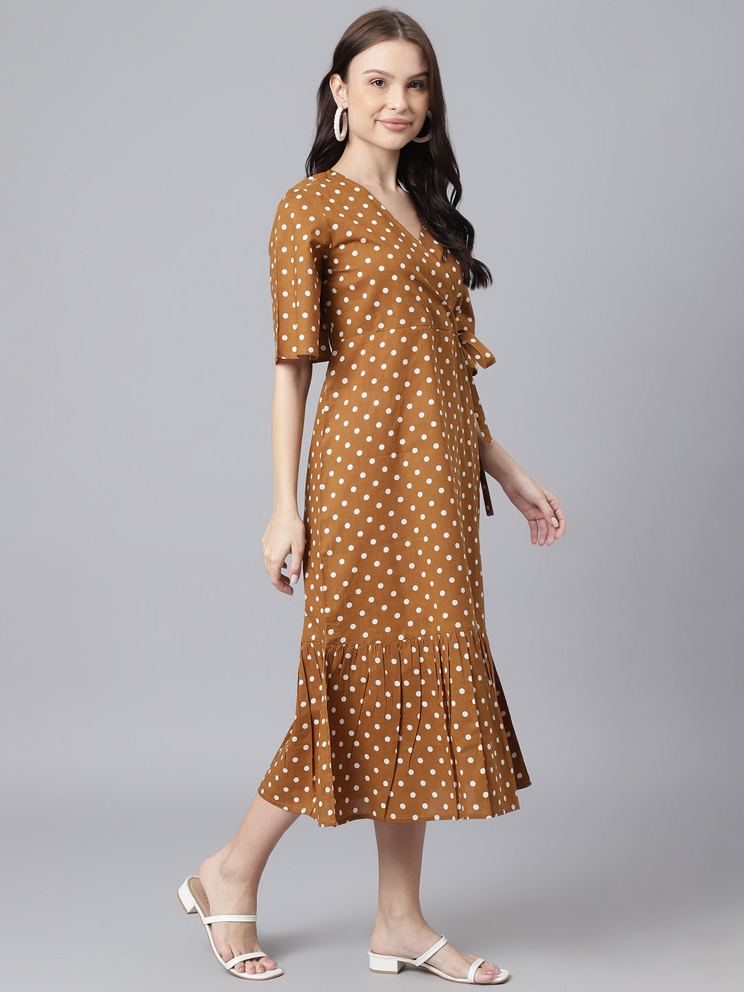 Mustard Polka A-Line Midi Dress