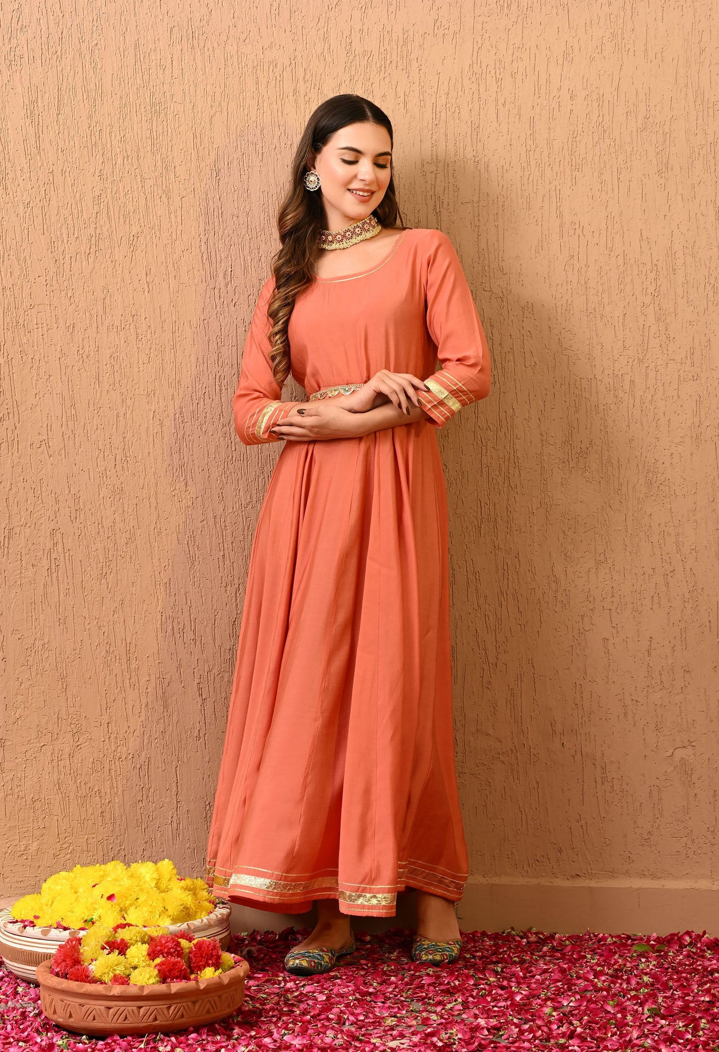 Peach Solid Gown Dress