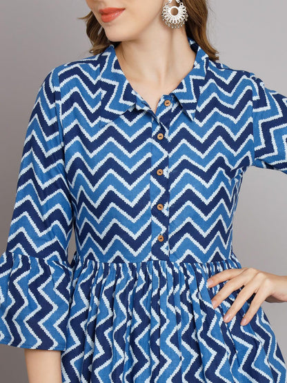 Breezy Chevron Indigo cotton shirt collar Gather Top - Decked Up