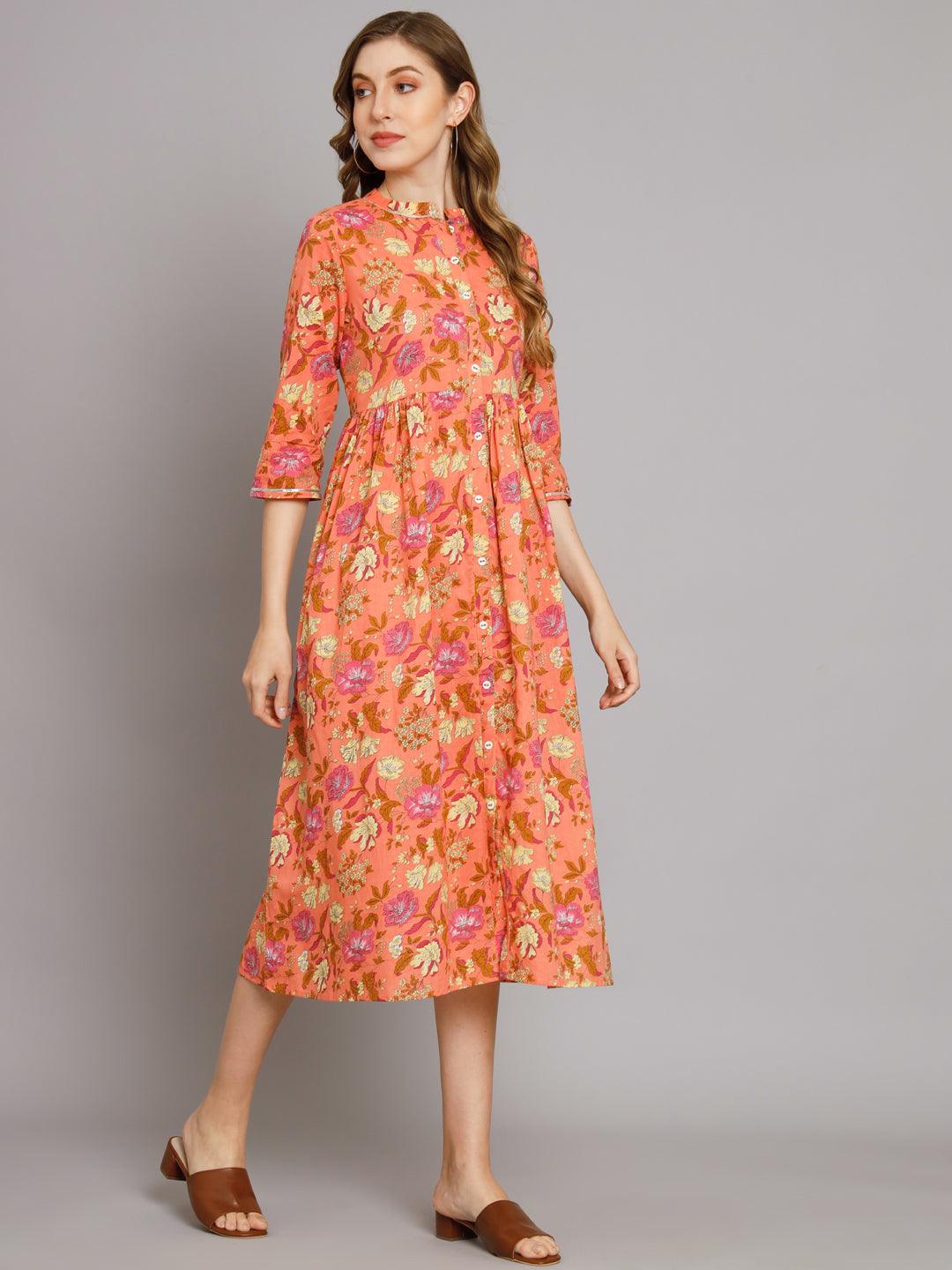 Peach Floral Cotton Flared Dress - Decked Up