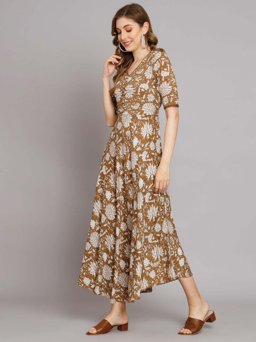 Brown Flared Maxi Pocket Dress