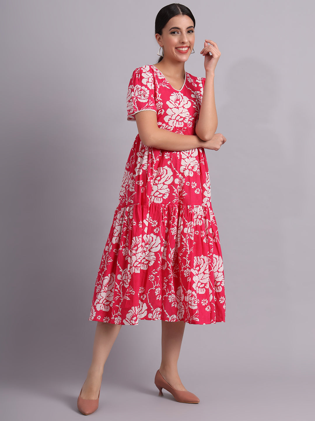 Floral Printed Cotton Empire Midi Dress