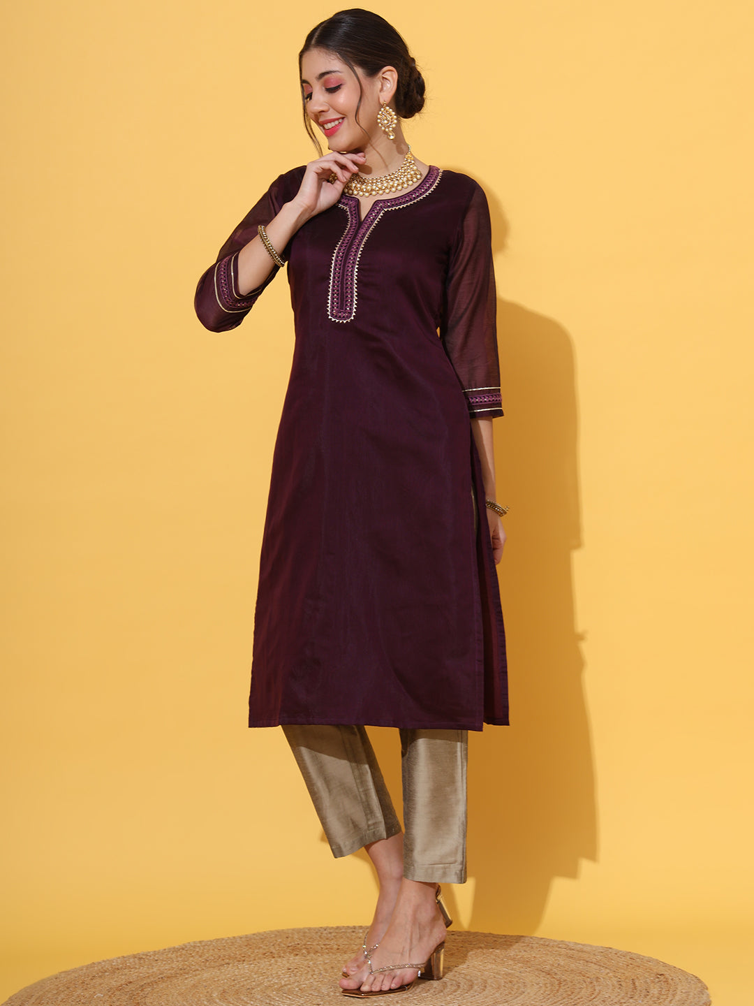 Wine Straight Kurta Pant Set