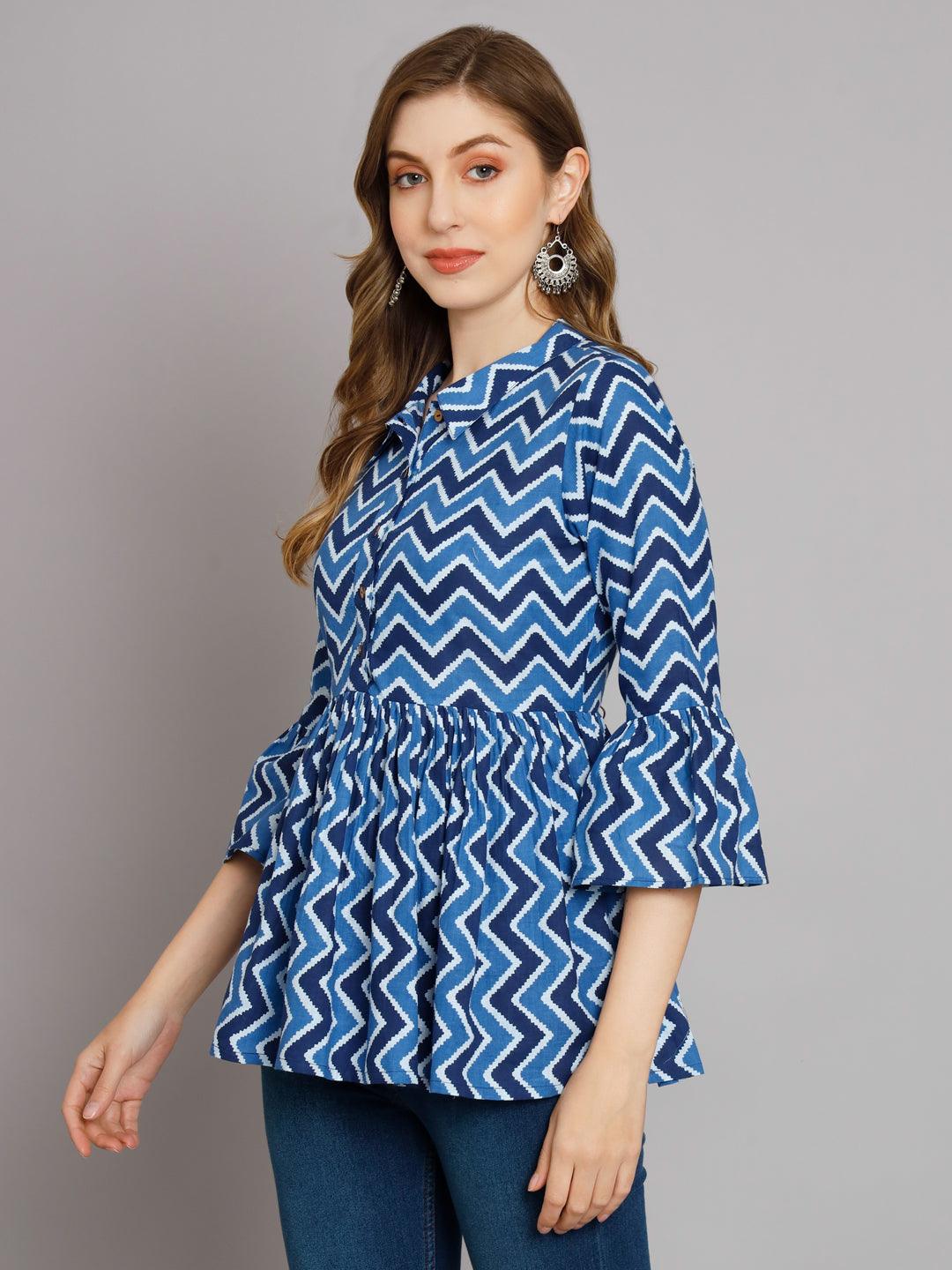 Breezy Chevron Indigo cotton shirt collar Gather Top - Decked Up