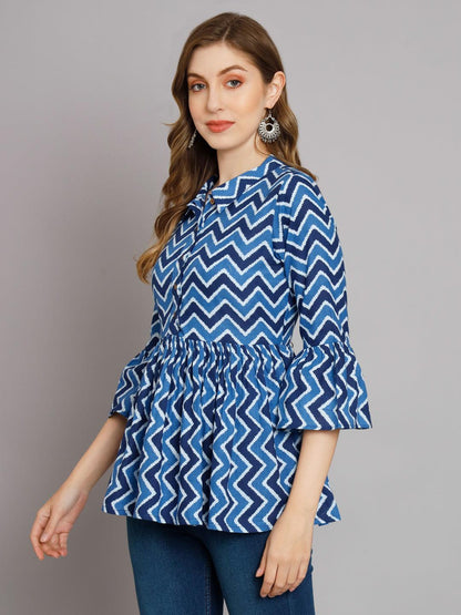 Breezy Chevron Indigo cotton shirt collar Gather Top - Decked Up