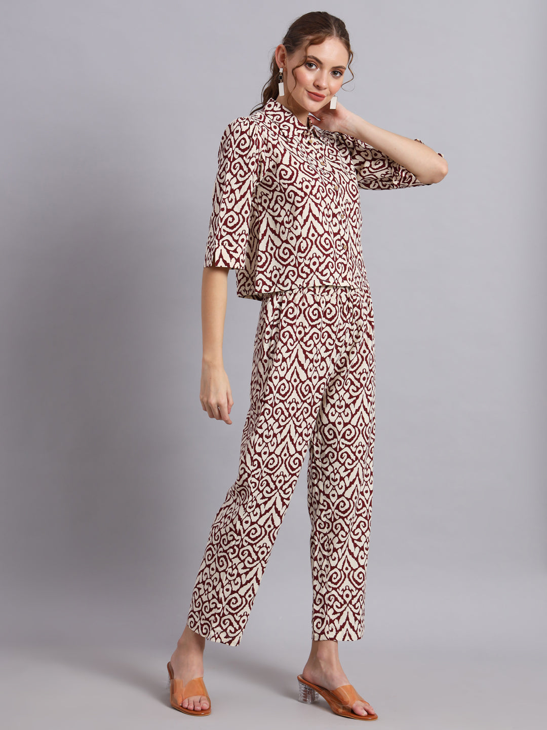 Ikkat Bold  Rayon Printed Shirt Style Top with Trouser