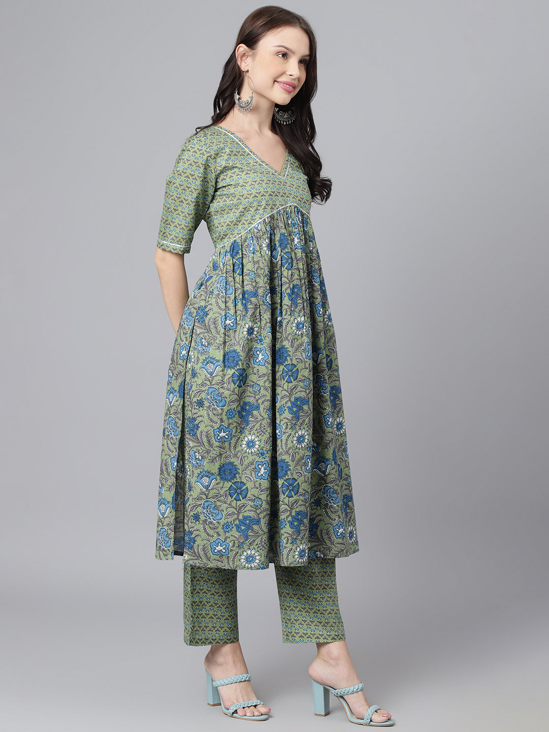 Green Blue Floral Aline Kurta Pant Set