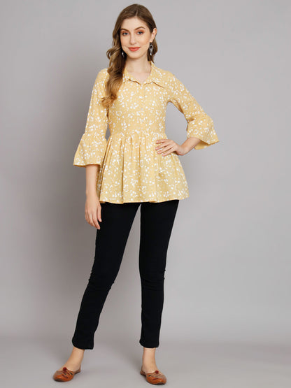 Cream Print Collared Button Top