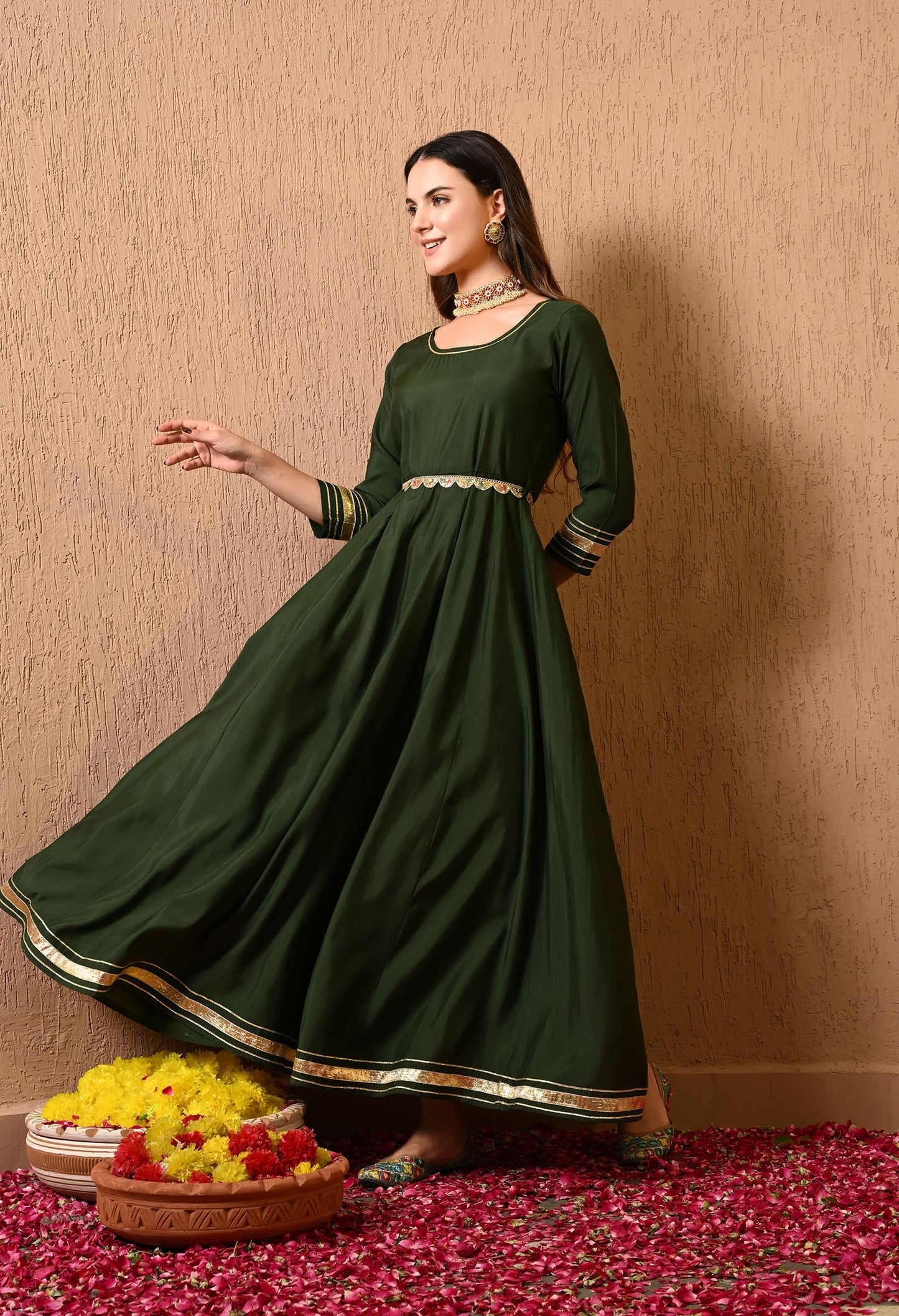 Green Solid Gown Dress