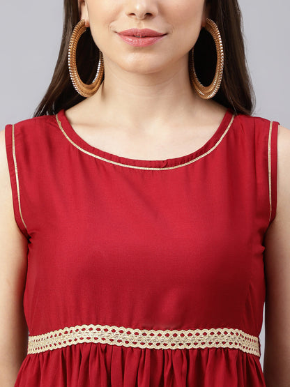 Maroon Ethnic Asymmetric Dress With Belt