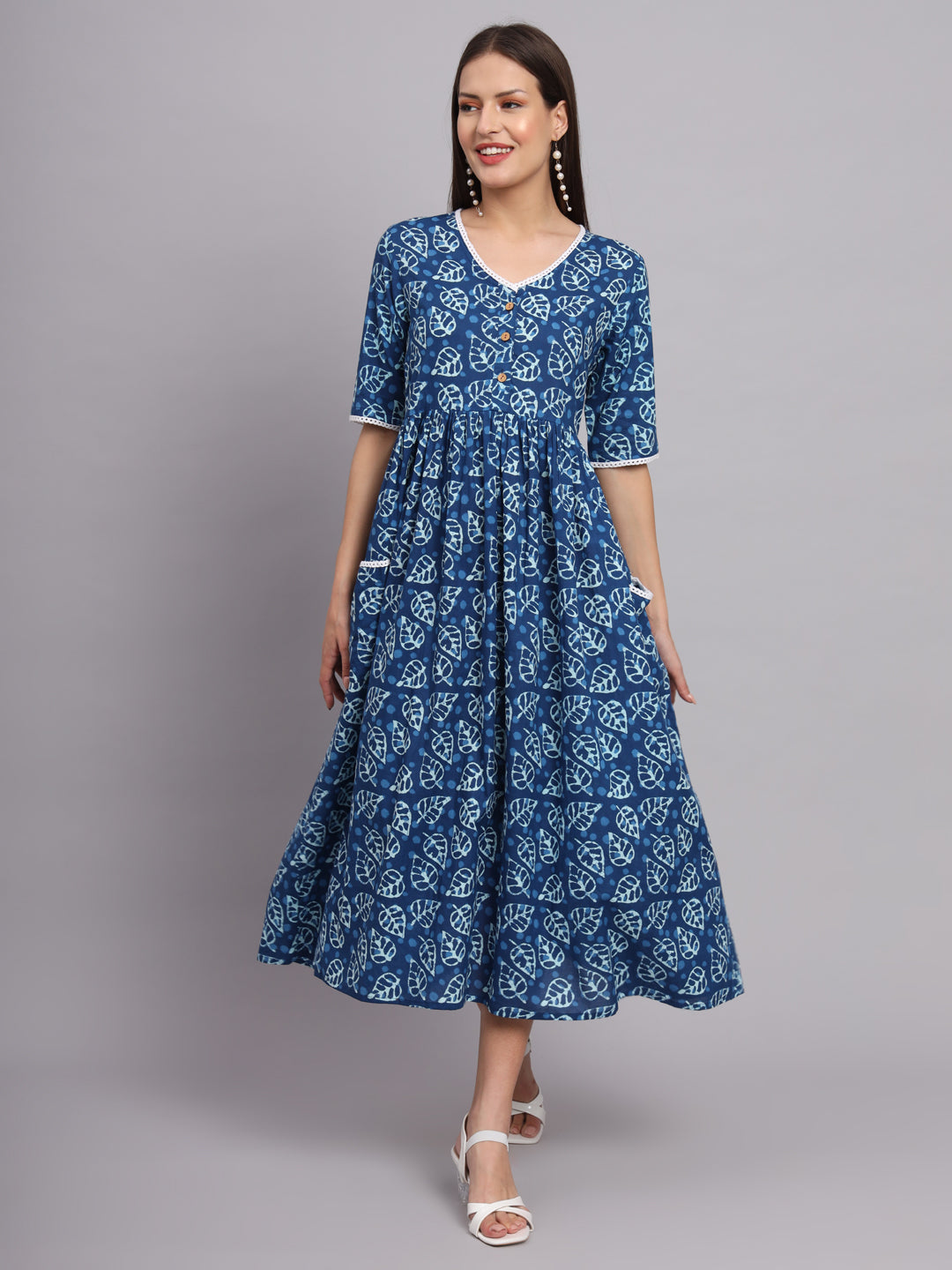 Blue Floral Gather Pocket Dress