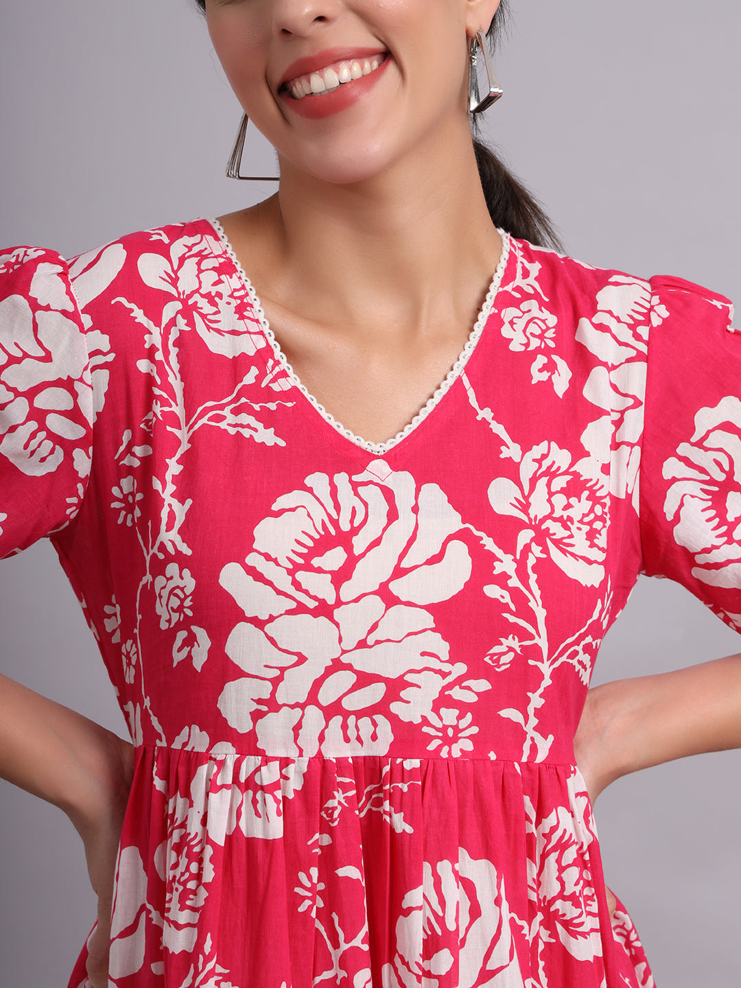 Floral Printed Cotton Empire Midi Dress