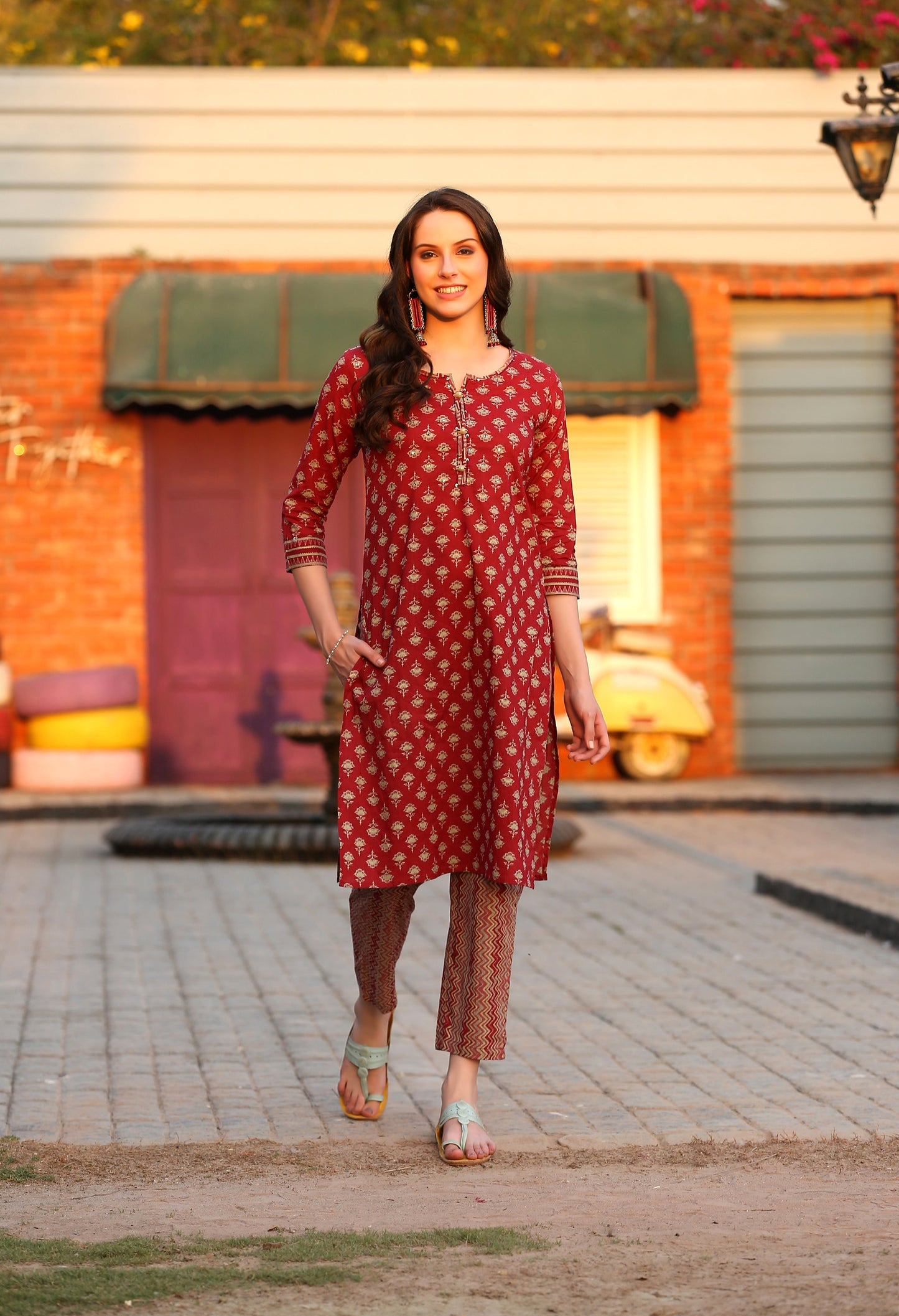 Rust Red Block Kurta Pant Set