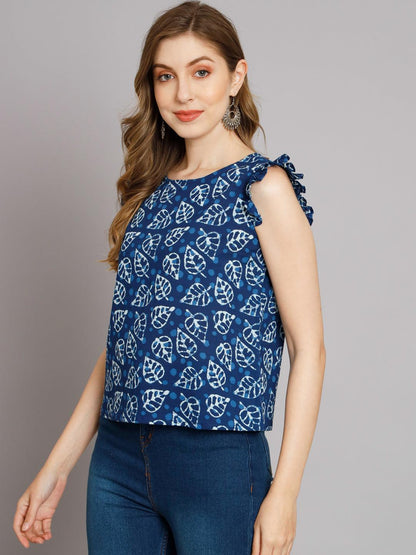 Sassy Indigo Leaf Ruffled top - Decked Up