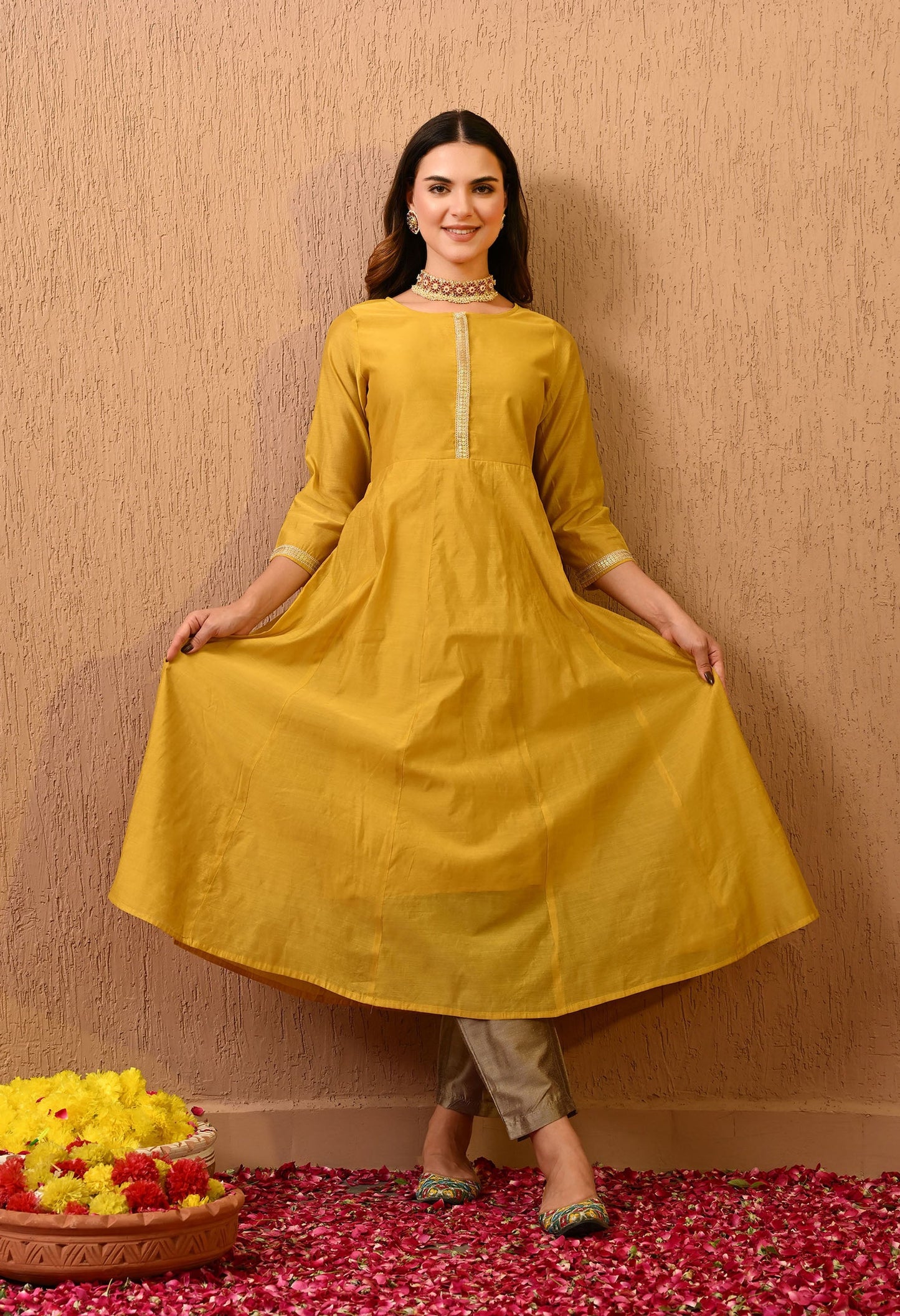 Yellow Chanderi Kurta Pant Set