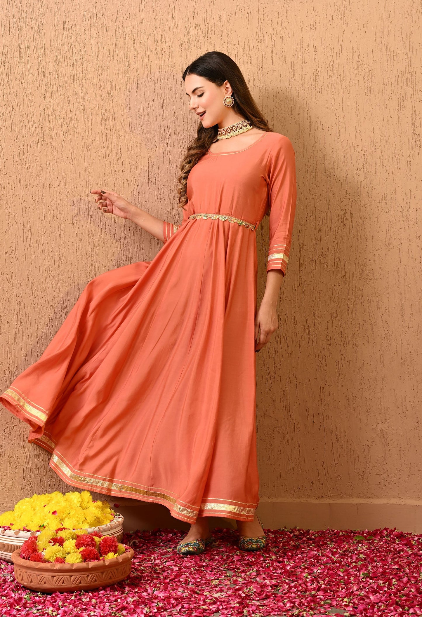 Peach Solid Gown Dress