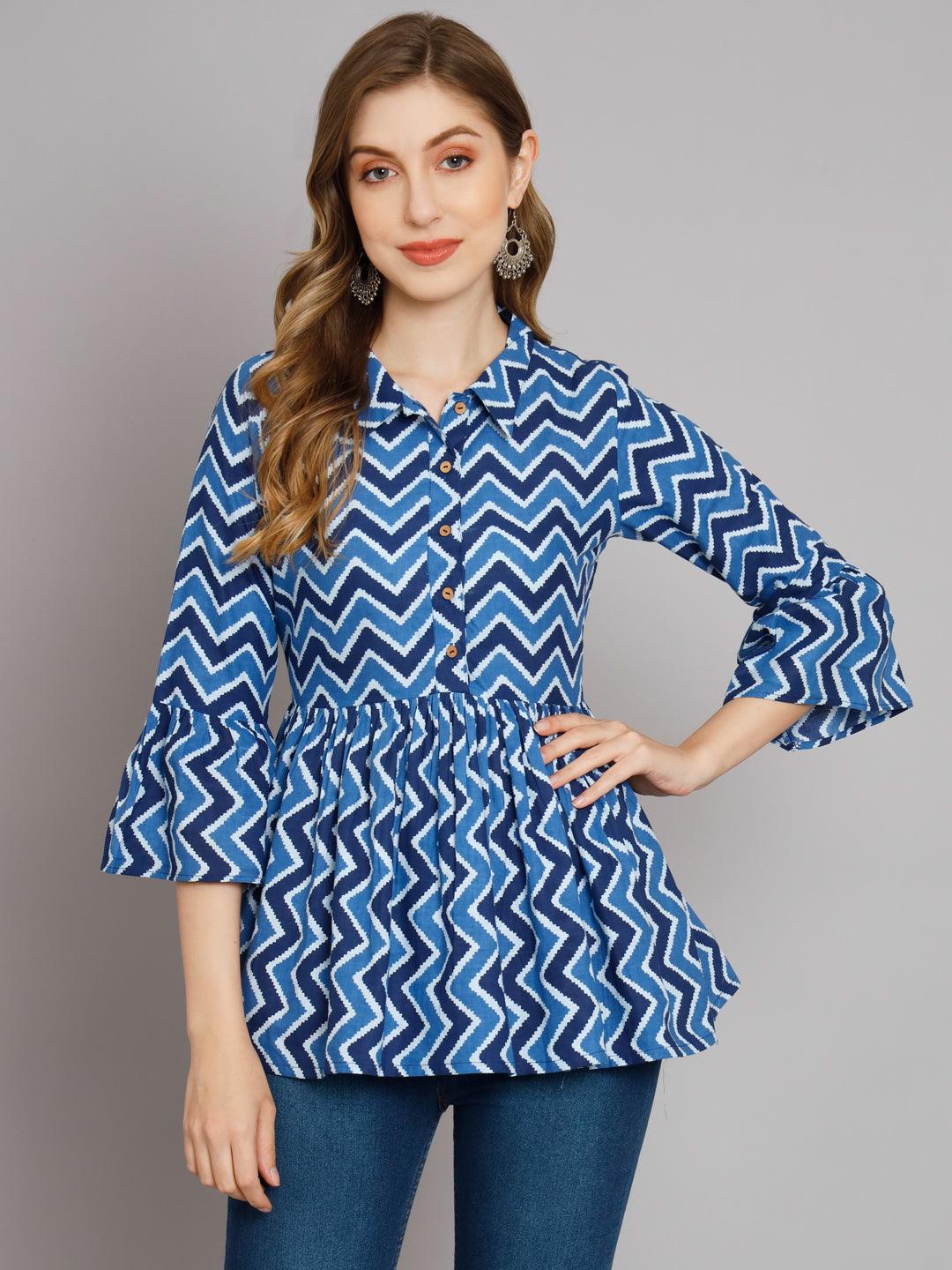 Breezy Chevron Indigo cotton shirt collar Gather Top - Decked Up