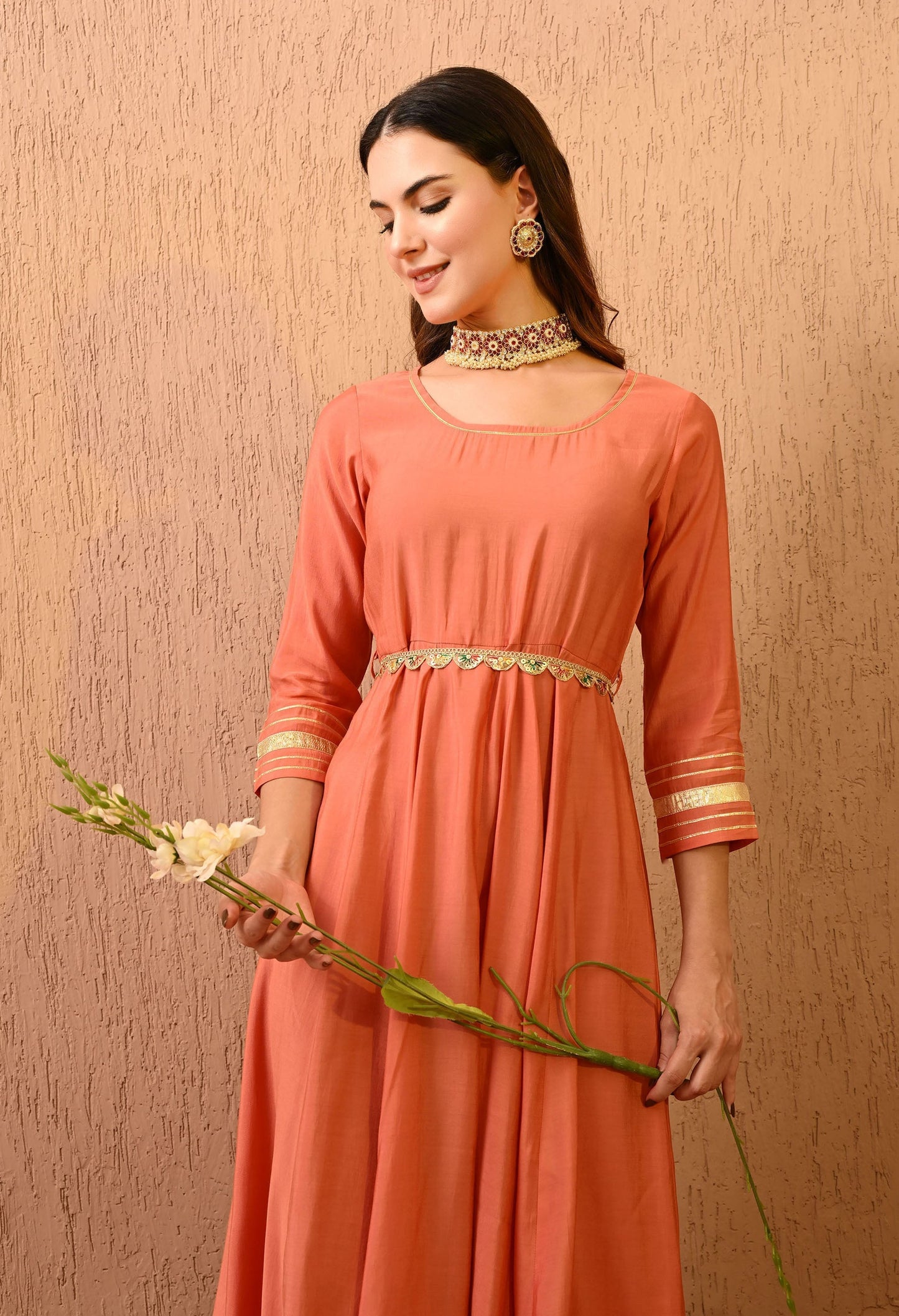 Peach Solid Gown Dress