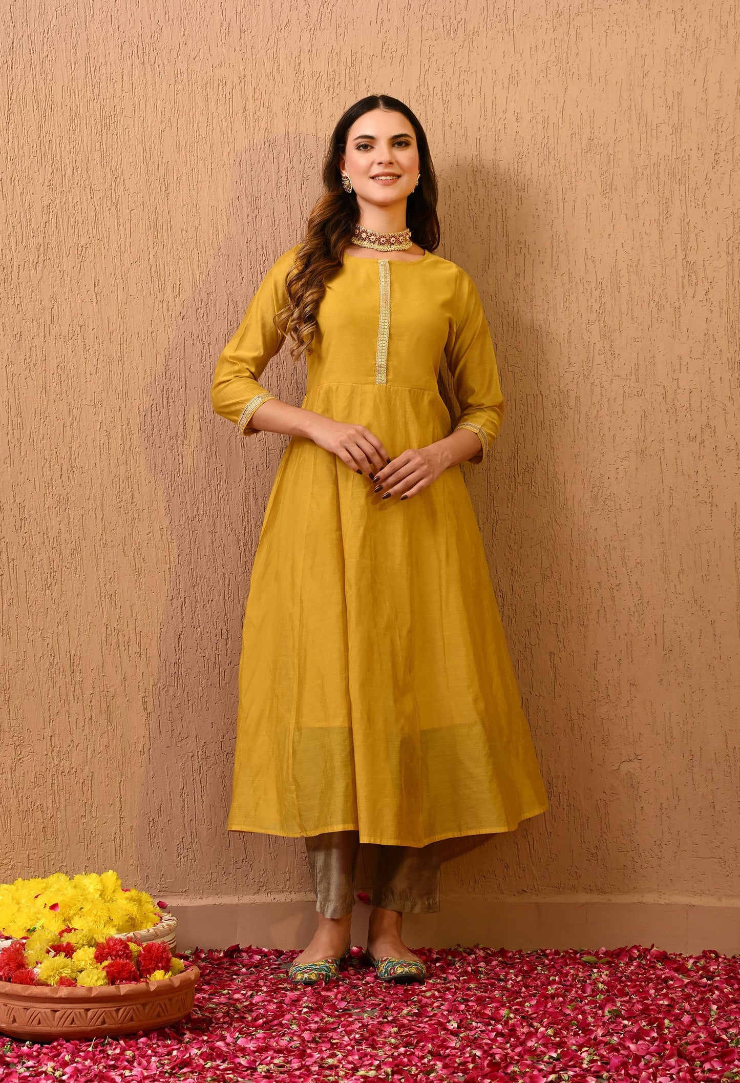 Yellow Chanderi Kurta Pant Set