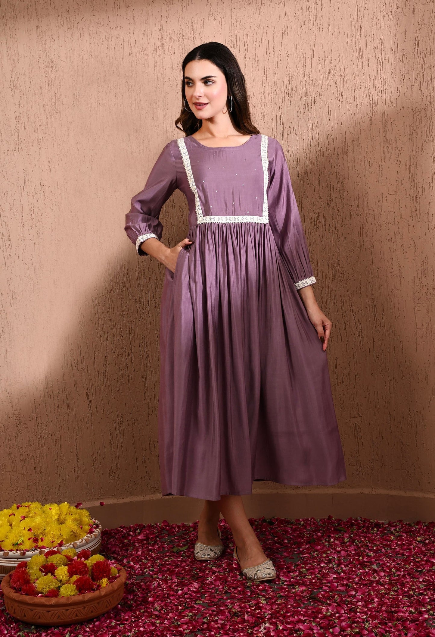 Lavender Solid Empire Dress