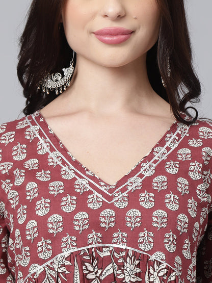 Maroon Floral Aline Kurta Pant Set