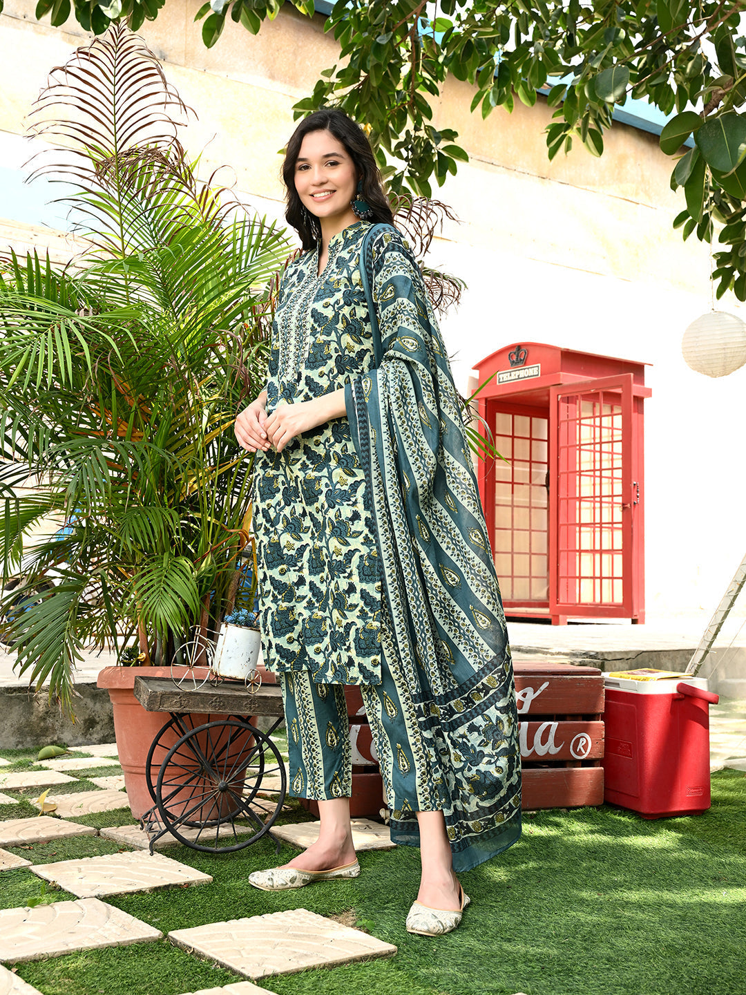 Green Ajrak Cotton Straight Kurta Pant Dupatta Set