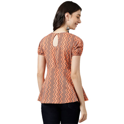 Peach Chevron V-Neck Printed Peplum Top