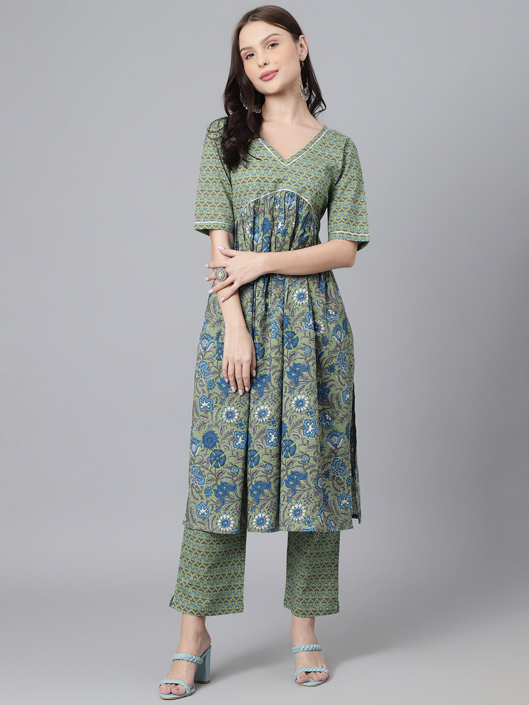 Green Floral Printed V Neck A-Line Kurta